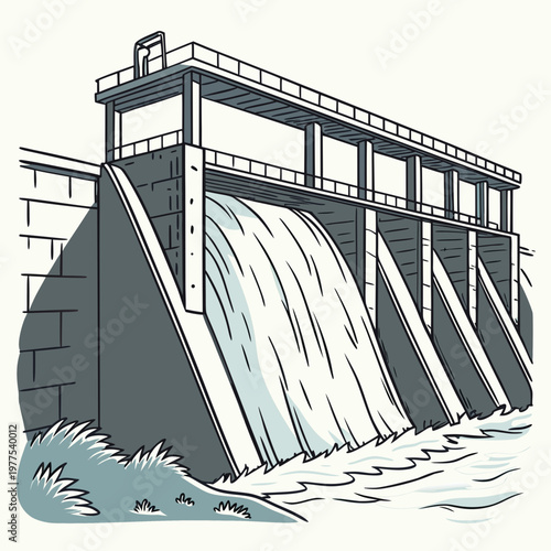 A detailed illustration depicts a concrete dam structure with cascading water showcasing engineering and water management capabilities high quality professional modern elegant
