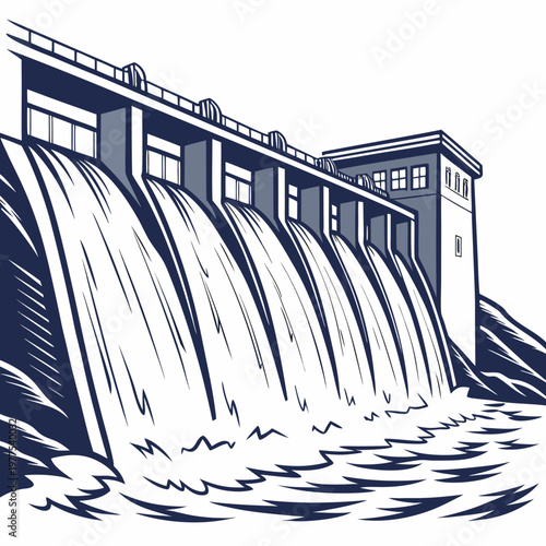 A stylized illustration depicts a large concrete dam with cascading water flowing over its spillways set against a mountainous backdrop high quality