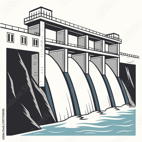A vintage style illustration depicts a large concrete dam with multiple gates controlling the flow of water showcasing engineering high quality professional