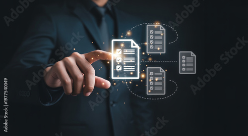 Professional man using cloud based document verification software with glowing checklist icons