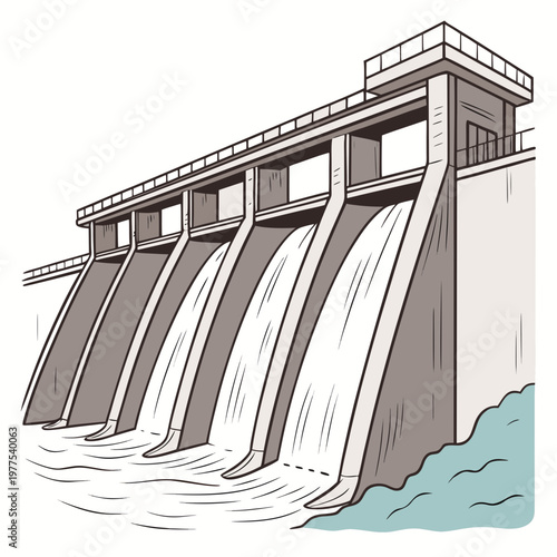An illustrative depiction of a concrete dam with multiple spillways releasing a substantial volume of water into a river below high quality