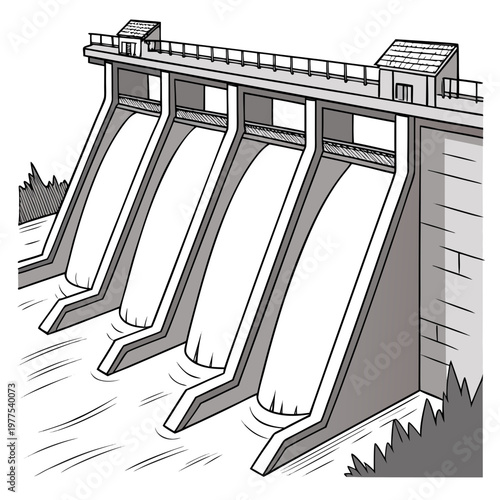 A detailed black and white illustration showcases a concrete gravity dam with multiple spillways controlling water flow and small structures atop