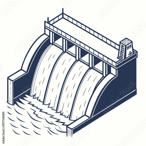 An isometric illustration depicts a large concrete dam structure with multiple water gates showing power generation capabilities high quality professional detailed modern