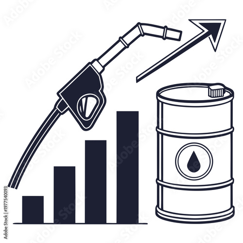 A stylized illustration depicts a rising fuel price trend showcasing a gas pump nozzle and oil barrel alongside increasing bar graphs