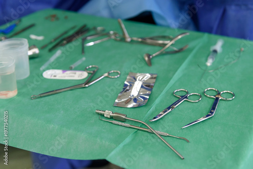 Tableau sur toile Surgical instruments for ENT surgery on a green sterile field in the operating r