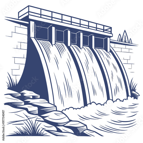 A stylized illustration depicts a concrete dam with flowing water showcasing engineering and the intersection of nature and infrastructure high quality professional