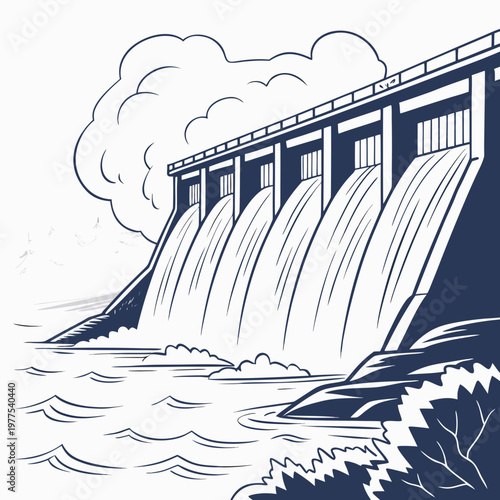 A stylized black and white illustration depicts a large hydroelectric dam with cascading water showcasing engineering and power generation high quality professional