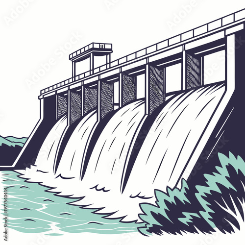 An illustrative depiction showcases a concrete dam structure with cascading water flows complemented by stylized vegetation and a blue sky high quality