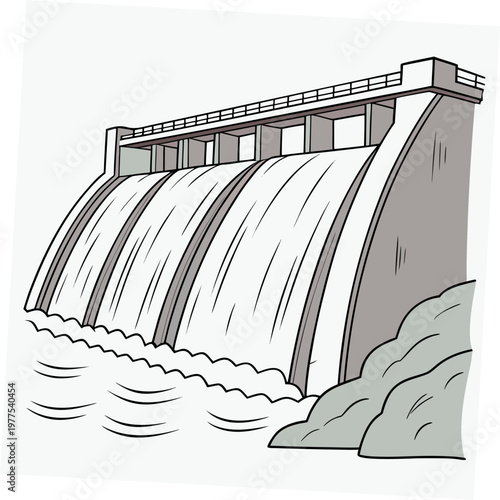A simplified cartoon style illustration depicts a concrete arch dam with water cascading powerfully over its spillways high quality professional detailed modern