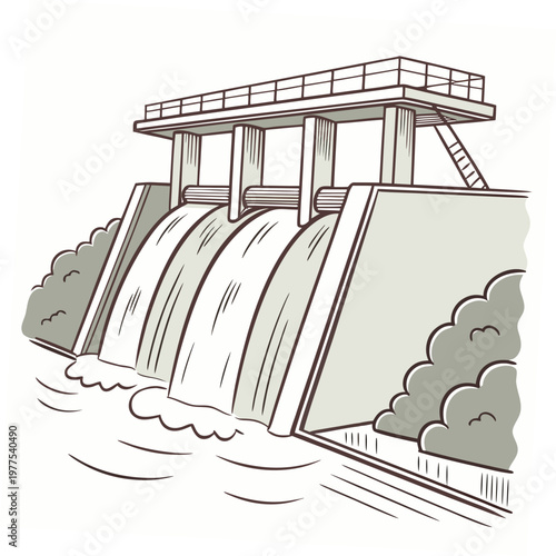 A detailed illustration depicts a concrete dam structure with flowing water showcasing engineering and hydroelectric power infrastructure high quality professional modern elegant