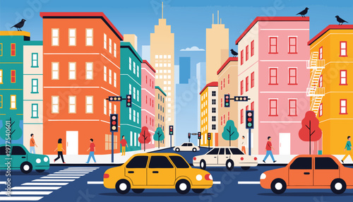 Urban city street vector illustration with cars pedestrians and colorful buildings