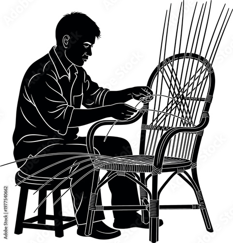 Vintage silhouette of a craftsman weaving a wicker chair illustrating traditional artistry and skill