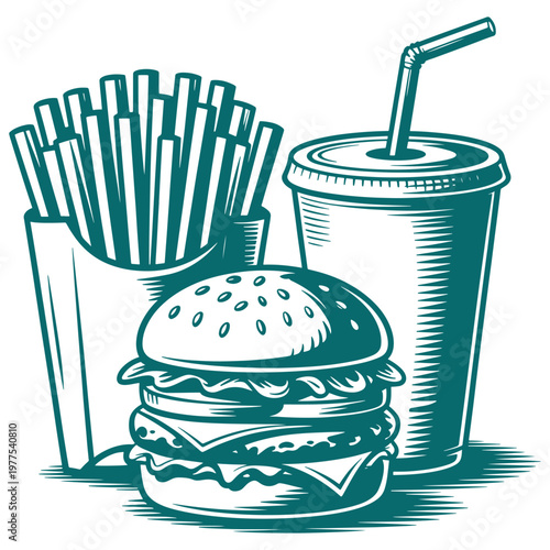 Classic fast food meal featuring a burger, fries, and a soft drink.