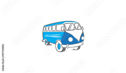A blue and white illustration of a vintage van on a plain background