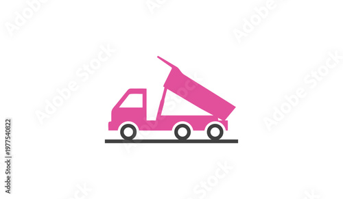 A pink dump truck is driving on a road with its bed raised high
