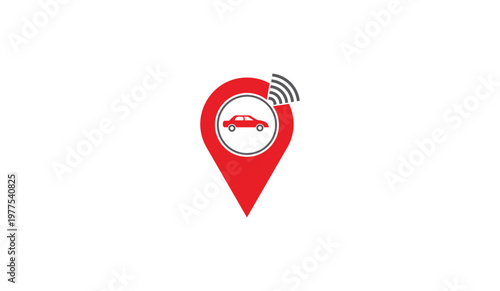 A red map pin icon with a car inside a circle and signal waves