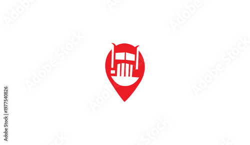 A red logo with a map pin and a building on a white background