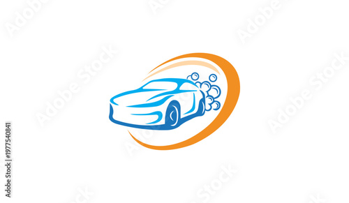 A blue car logo with orange accents and soap bubbles