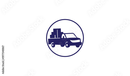 A dark blue icon of a delivery truck with boxes in the back
