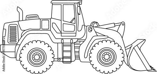 Black and white line art vector illustration of a heavy wheel loader construction vehicle, perfect for coloring book pages, technical diagrams, or industrial icons.