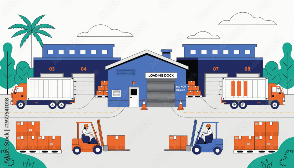Obraz premium Warehouse logistics center vector illustration with trucks forklifts and cargo boxes