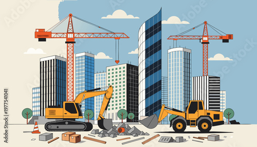 Construction and Development of Modern Cityscape with Cranes and Excavators