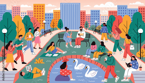 Diverse group of people enjoying a beautiful park in a city, reading books and relaxing by a pond with swans