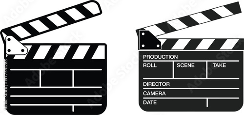 Classic movie clapperboard silhouettes, black film slate icons for cinema production, media and video industry