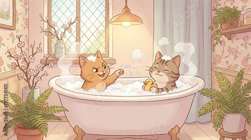 Two adorable cartoon cats bathing in a vintage bathtub filled with bubbles, enjoying a relaxing moment