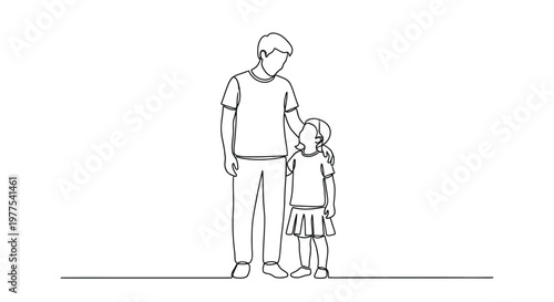 Father And Young Daughter Standing Together In Simple Line Drawing For Family Concepts