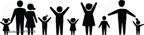 Comprehensive set collection of black family silhouette icons featuring parents and children in various happy poses for community, lifestyle, and social networking design projects.