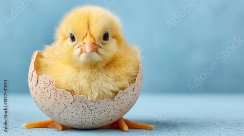 Cute yellow chick hatching from egg on soft blue background