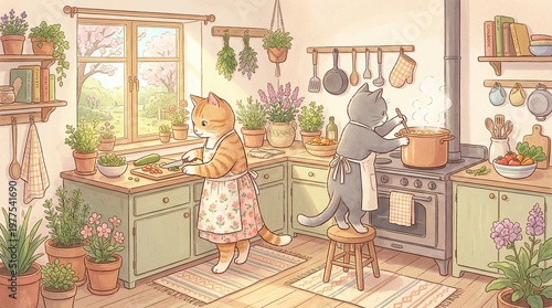 Two cats in a cozy kitchen, preparing a meal together with fresh ingredients and herbs. The scene is filled with warmth and the gentle glow of sunlight.