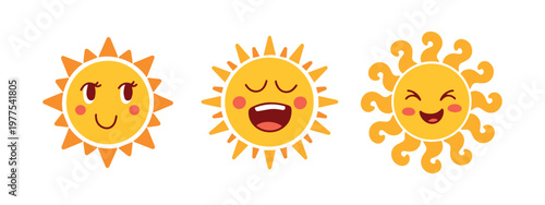 Trio of cheerful sun icons with warm smiles and different ray designs. Great for minimalist summer logos, weather apps, and nursery decor.