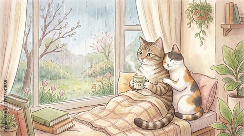 Cozy cat duo enjoys tea time on a rainy day near a window