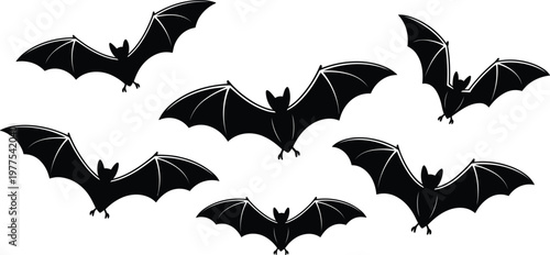 Collection of flying bat silhouettes, black vampire animal icons for Halloween party, horror and spooky design