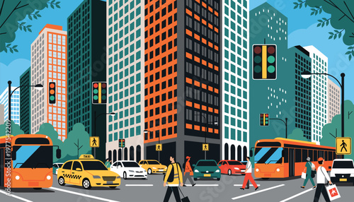 Urban street scene with diverse vehicles and pedestrians crossing a busy intersection in a modern city