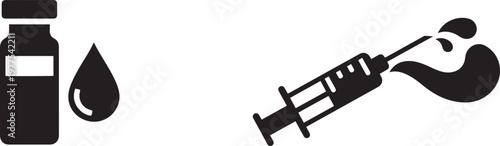 Medical vial with drop and syringe injecting liquid in a minimalist style