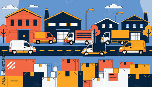 Urban Logistics and Delivery Services Trucks and Packages in a Cityscape Illustration