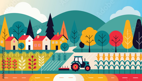 Charming countryside village with a tractor in a field, surrounded by trees and hills, vibrant illustration