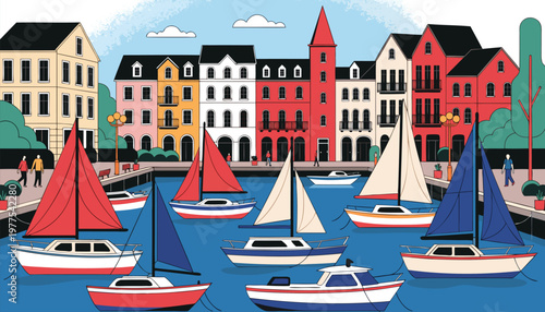 Colorful boats docked in a picturesque harbor lined with charming buildings under a clear blue sky