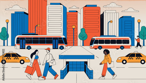 Urban transportation and city life illustration with people commuting, buses, and taxis