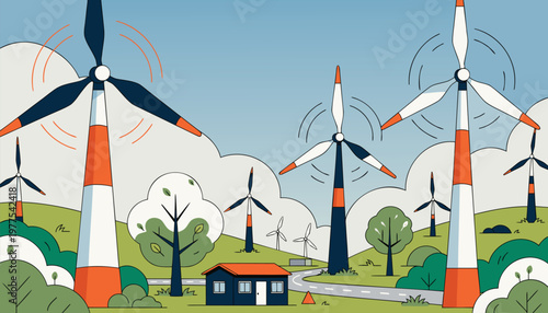 Eco-friendly rural scene with multiple wind turbines harnessing wind power for clean electricity and a sustainable future