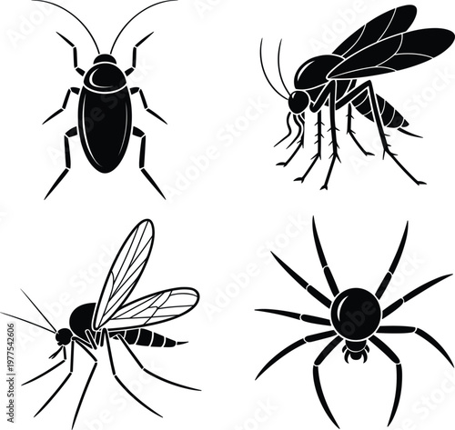 Set of common house pest silhouettes, black insect icons for pest control, hygiene and sanitation services