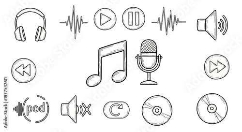 Collection of Hand Drawn Music and Audio Icons and Symbols.