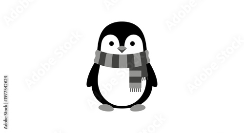 Cute penguin wearing a scarf standing upright looking forward with a smile.