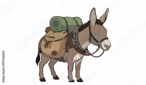 Donkey in harness carrying sacks and sleeping bag vector