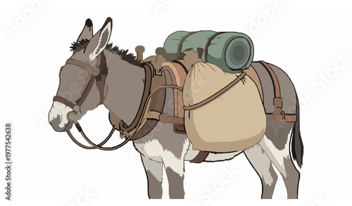 Hand-drawn donkey with packs line vector