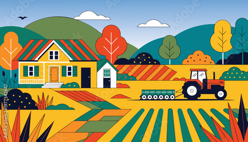 Vibrant illustration of a rural farm scene with a tractor cultivating fields under a blue sky