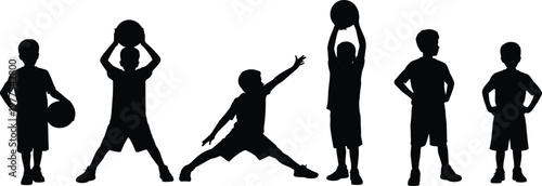 Set of black silhouettes featuring active young boys playing basketball and performing athletic poses, perfect for youth sports and healthy lifestyle concepts.